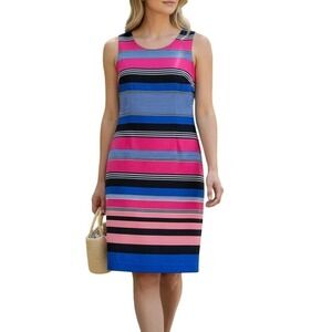 DN Design Sheath Dress Womens 8 Pink Blue Black Striped Sleeveless Mod Bright